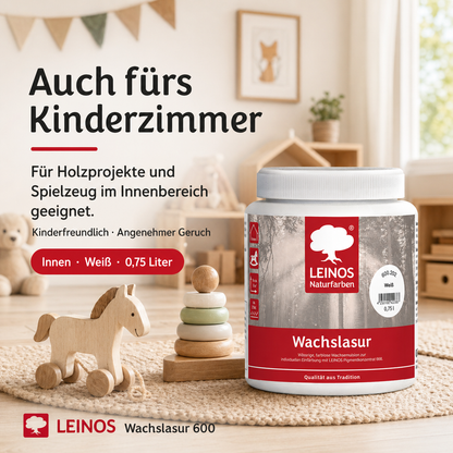 Leinos 600 Wachslasur für Innen 202 Weiß 0,75 l – wässrige Holzlasur für Möbel, Holzdecken, Wandverkleidungen und Kinderspielzeug im Innenbereich, weiß, pigmentierbar, leicht aufzutragen