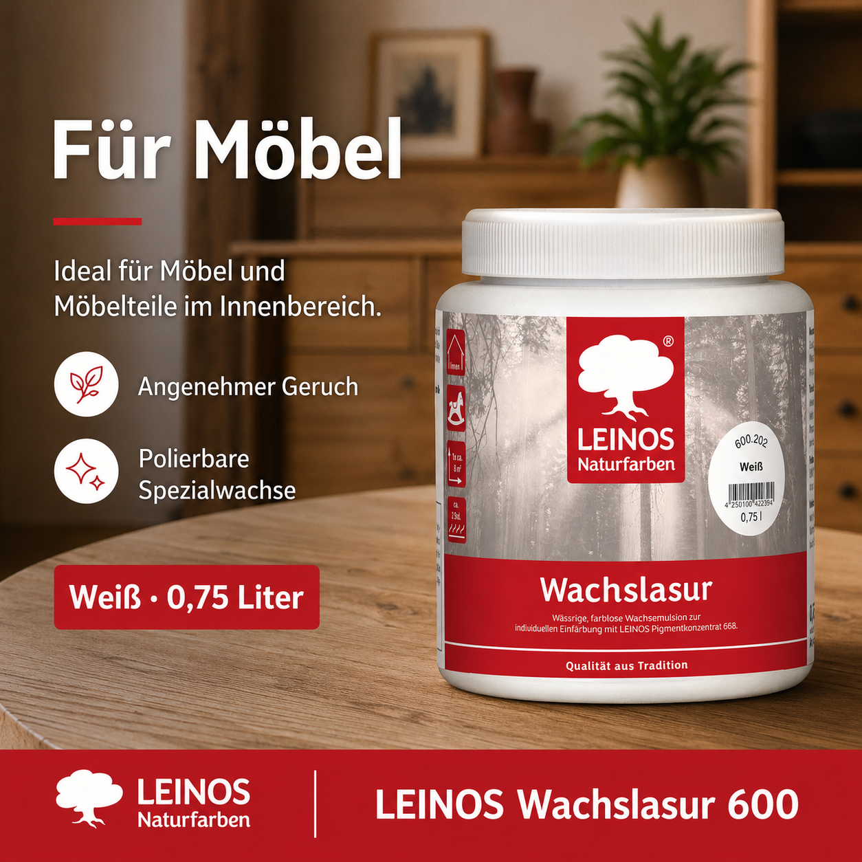 Leinos 600 Wachslasur für Innen 202 Weiß 0,75 l – wässrige Holzlasur für Möbel, Holzdecken, Wandverkleidungen und Kinderspielzeug im Innenbereich, weiß, pigmentierbar, leicht aufzutragen
