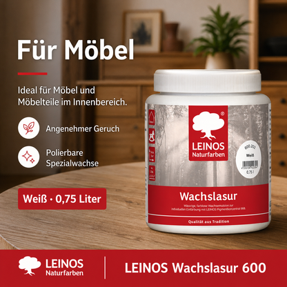 Leinos 600 Wachslasur für Innen 202 Weiß 0,75 l – wässrige Holzlasur für Möbel, Holzdecken, Wandverkleidungen und Kinderspielzeug im Innenbereich, weiß, pigmentierbar, leicht aufzutragen