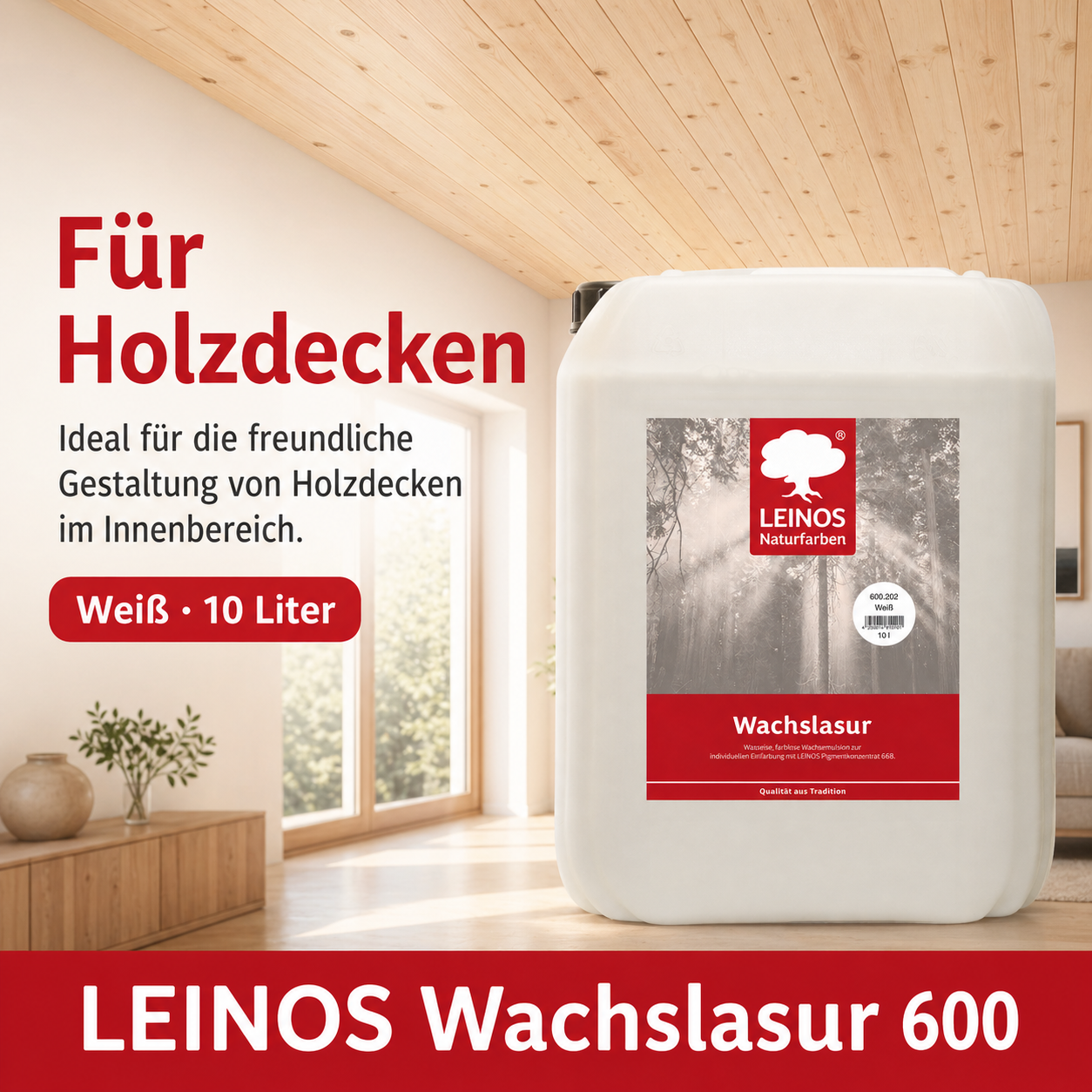 Leinos 600 Wachslasur für Innen 202 10 Liter weiß – wässrige Holzlasur für Möbel, Holzdecken, Wandverkleidungen und Kinderspielzeug im Innenbereich, weiß, pigmentierbar, leicht aufzutragen