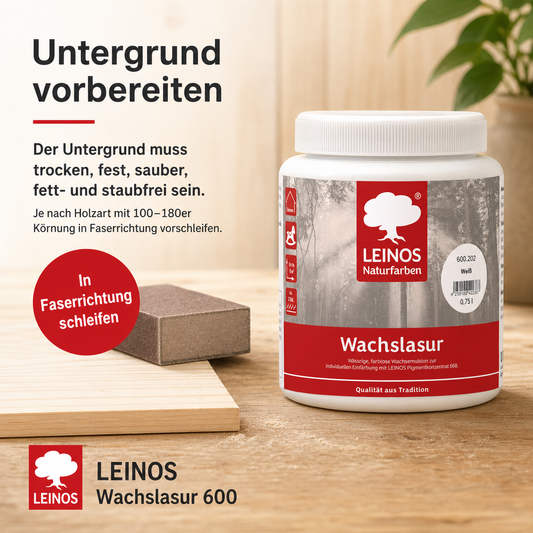 Leinos 600 Wachslasur für Innen 202 Weiß 0,75 l – wässrige Holzlasur für Möbel, Holzdecken, Wandverkleidungen und Kinderspielzeug im Innenbereich, weiß, pigmentierbar, leicht aufzutragen