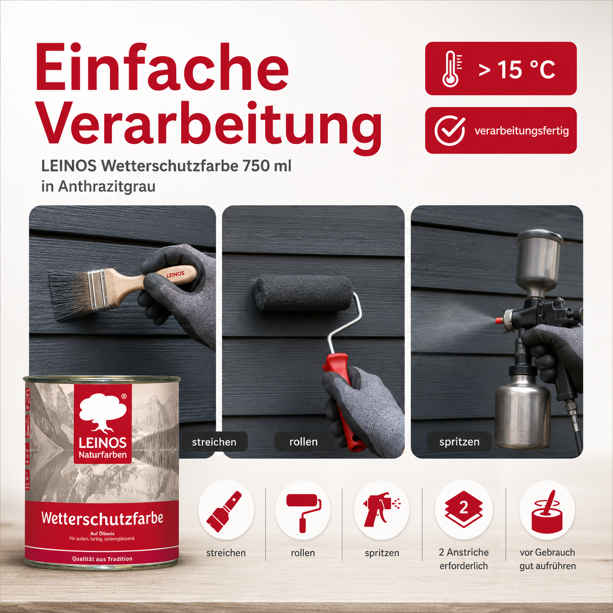 LEINOS Wetterschutzfarbe 750 ml | Anthrazitgrau Holzlasur für Holzfassaden Fenster Gartenhäuser| wetterbeständige Deckfarbe für effektive Versiegelung und langanhaltenden Schutz auf Ölbasis im Außenbereich