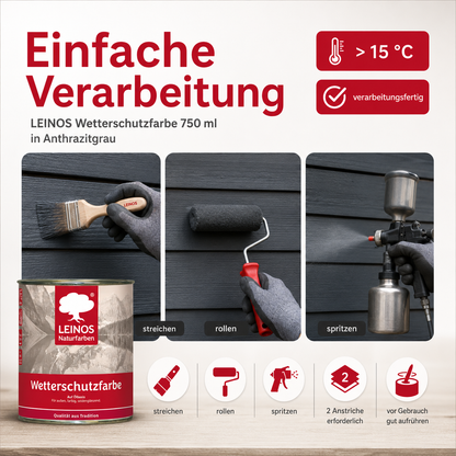 LEINOS Wetterschutzfarbe 750 ml | Anthrazitgrau Holzlasur für Holzfassaden Fenster Gartenhäuser| wetterbeständige Deckfarbe für effektive Versiegelung und langanhaltenden Schutz auf Ölbasis im Außenbereich