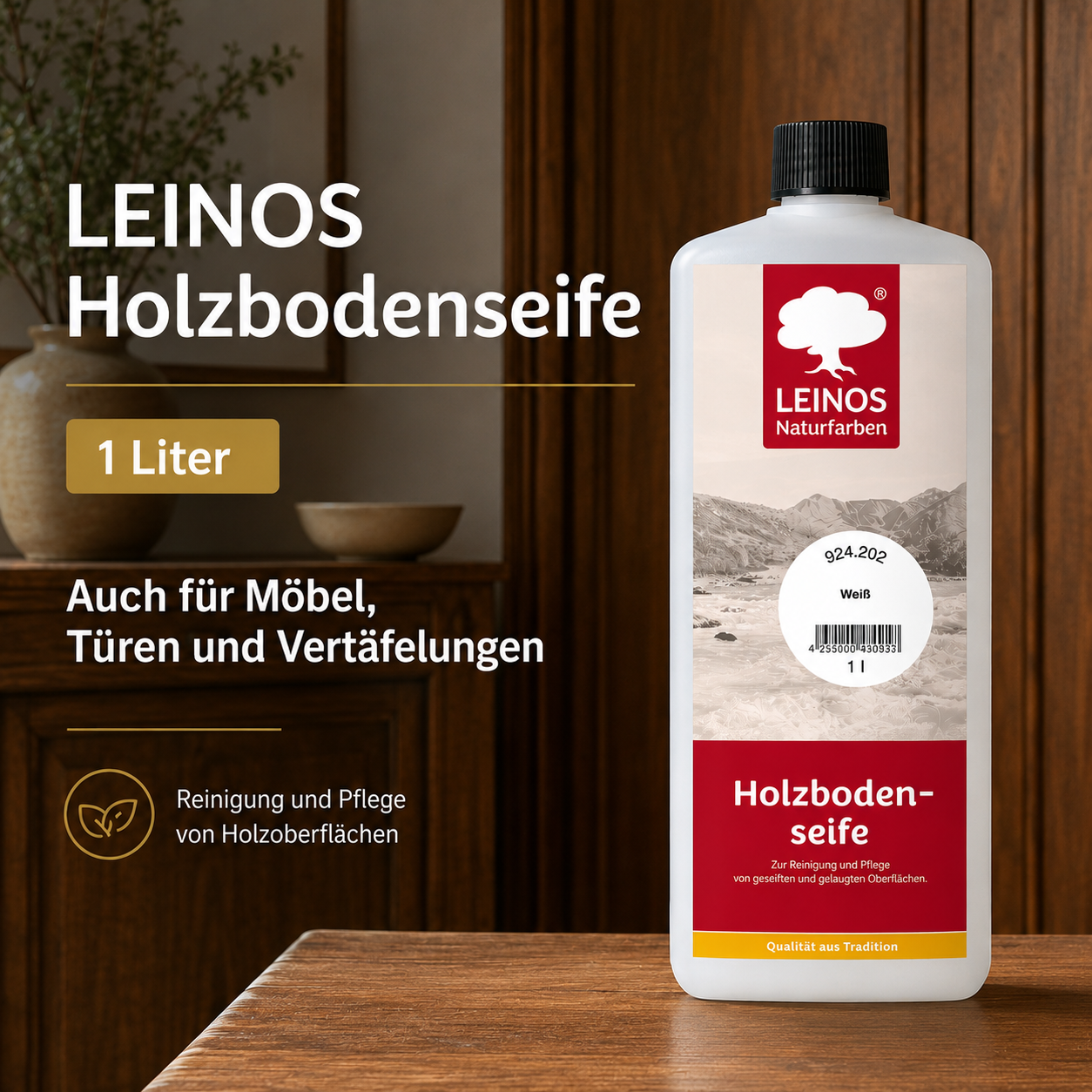 LEINOS Holzbodenseife 924 weiß 1 Liter – hochkonzentrierte Reinigung & Pflege für gelaugte/geseifte Holzböden | für Erstbehandlung 1:10 & Unterhalt 1:40 | rückfettend