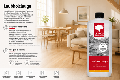 LEINOS 926 Laubholzlauge 1,00 l Farblos Veredelung von hellen Laubhölzern wie Ahorn, Esche, Buche, Eiche, usw. im Innenbereich
