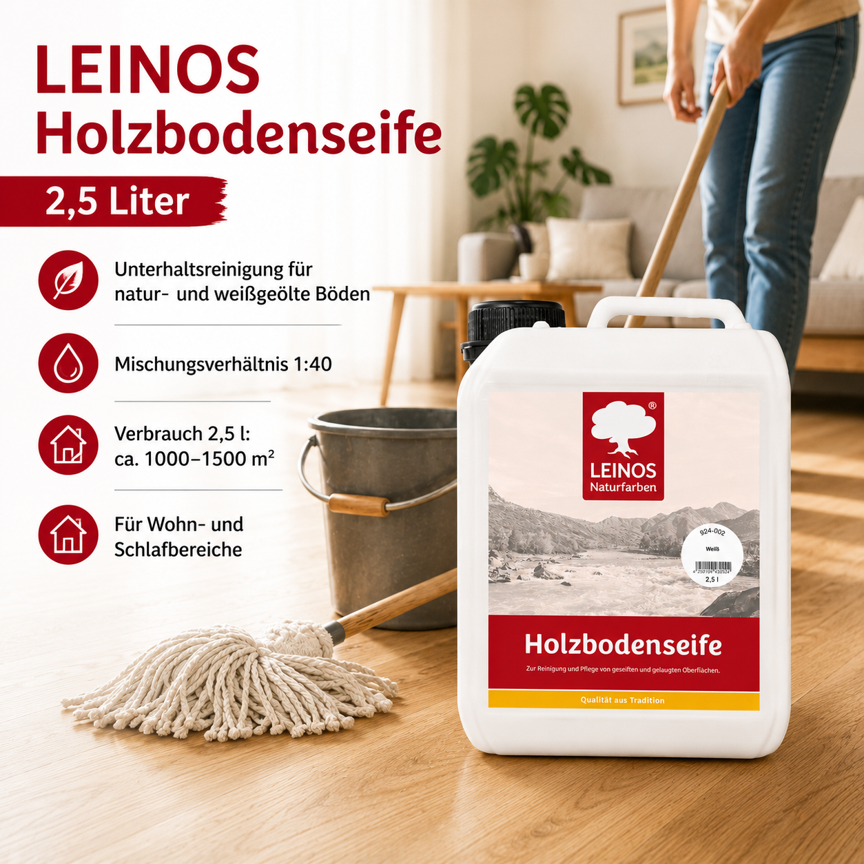 LEINOS 924 Holzbodenseife 2,50 l Weiß | Zur Reinigung, Pflege und Veredelung von geseiften und gelaugten, sowie von natur- und weißgeölten Holzoberflächen