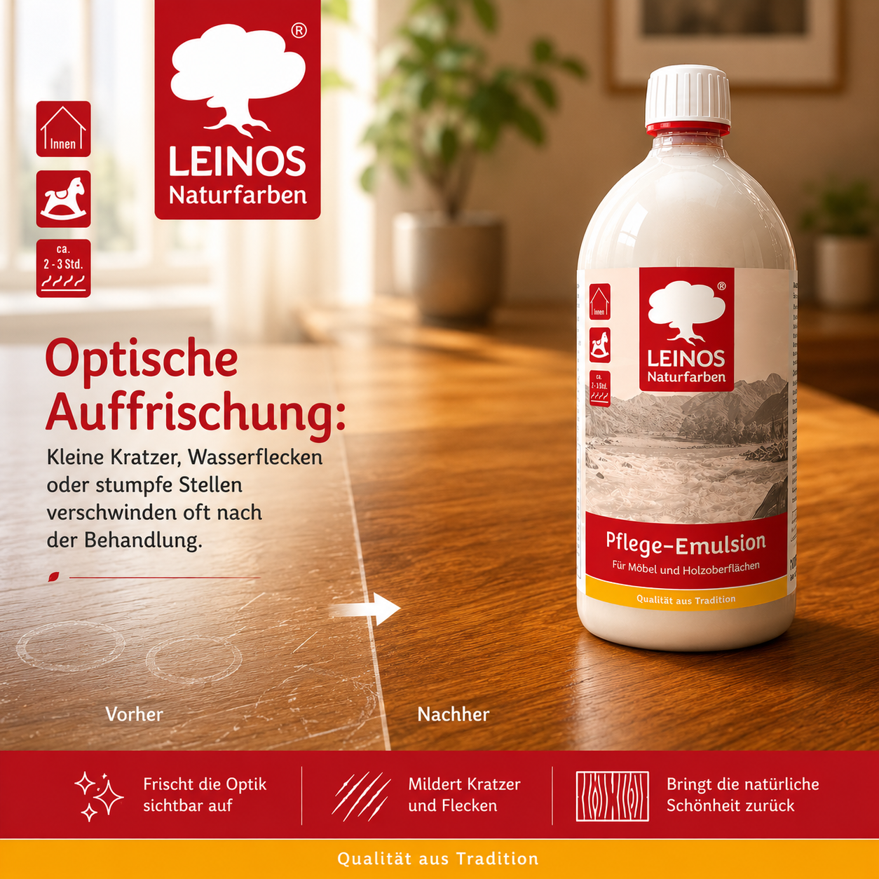 LEINOS Pflege-Emulsion 925 | 1 Liter Pflege für geölte & gewachste Holzoberflächen | antistatisch, hochpolierbar | seidiger Glanz für Möbel, Tische & Innenflächen im Innenbereich für Holzpflege pur
