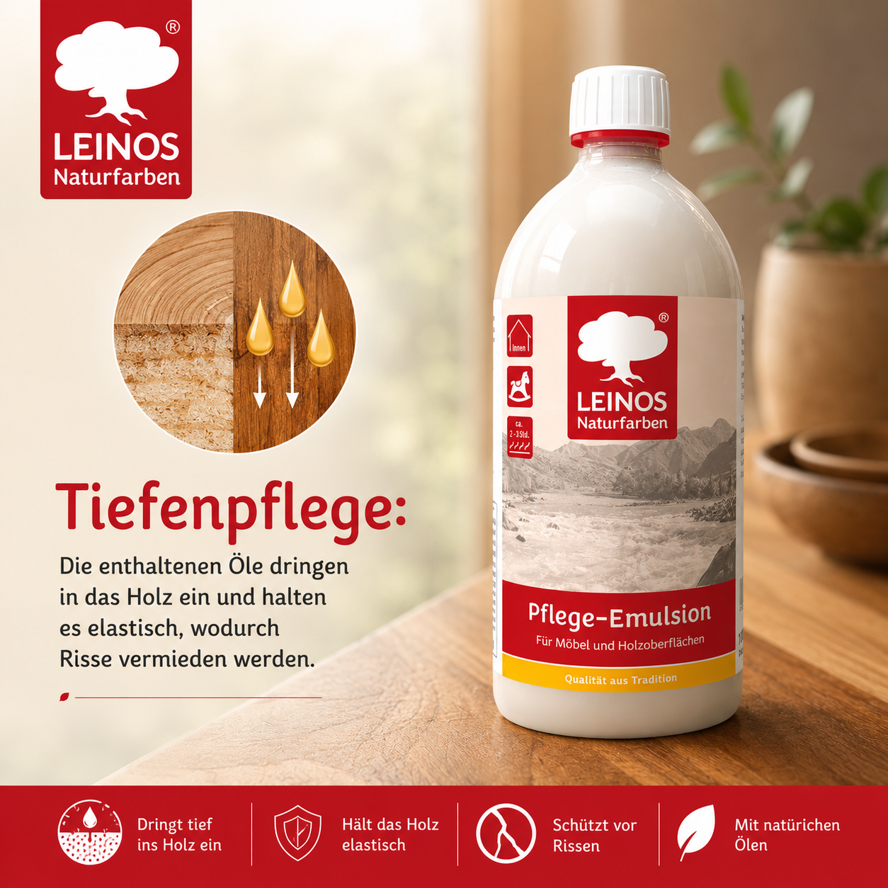 LEINOS Pflege-Emulsion 925 | 1 Liter Pflege für geölte & gewachste Holzoberflächen | antistatisch, hochpolierbar | seidiger Glanz für Möbel, Tische & Innenflächen im Innenbereich für Holzpflege pur