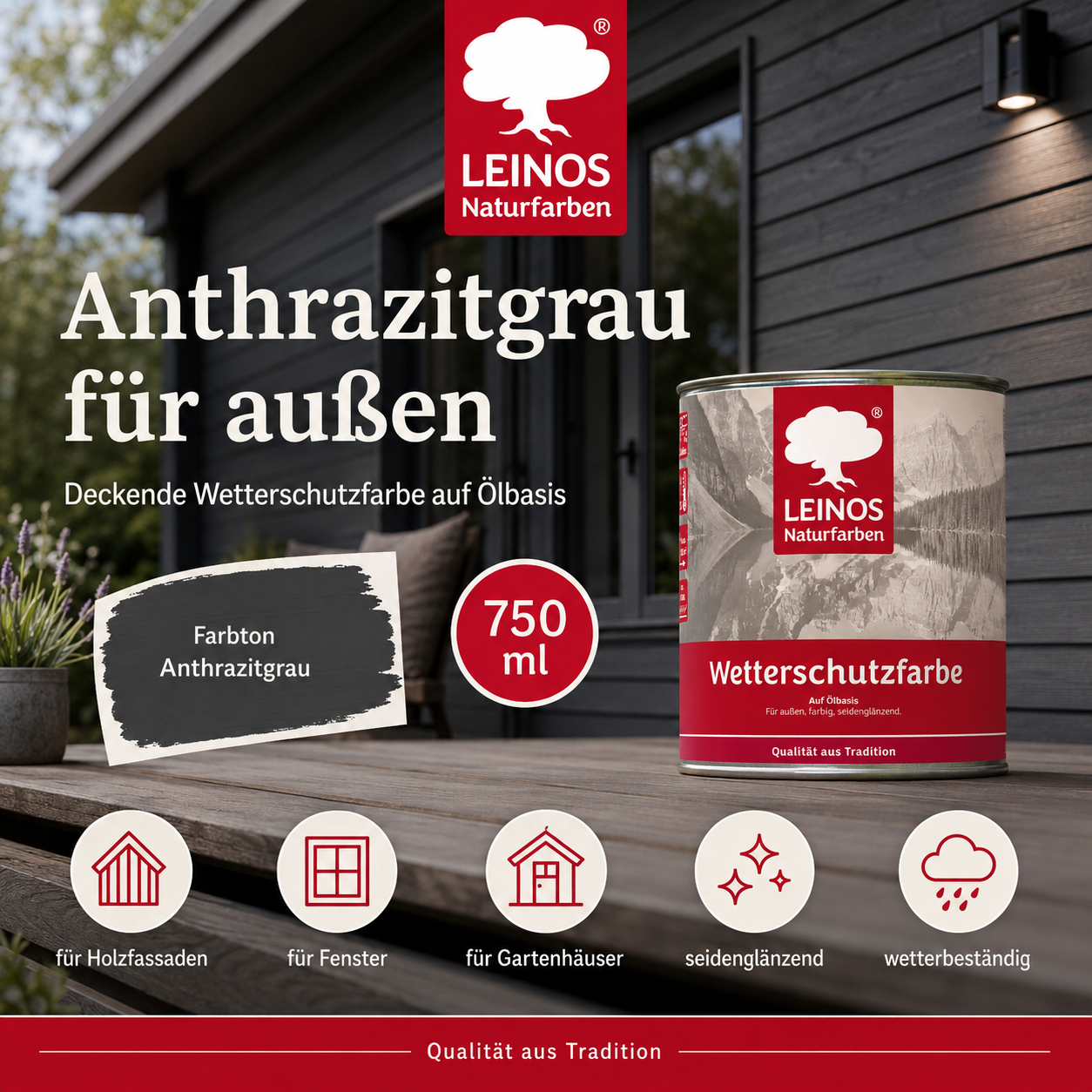 LEINOS Wetterschutzfarbe 750 ml | Anthrazitgrau Holzlasur für Holzfassaden Fenster Gartenhäuser| wetterbeständige Deckfarbe für effektive Versiegelung und langanhaltenden Schutz auf Ölbasis im Außenbereich