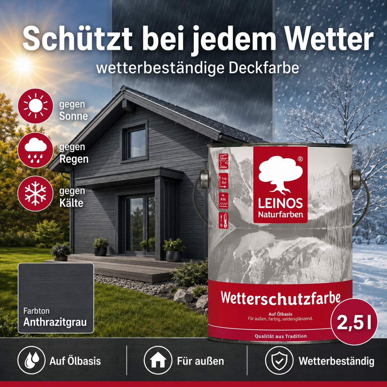 LEINOS Wetterschutzfarbe 2,5 l | Anthrazitgrau Holzlasur für Holzfassaden Fenster Gartenhäuser| wetterbeständige Deckfarbe für effektive Versiegelung und langanhaltenden Schutz auf Ölbasis im Außenbereich