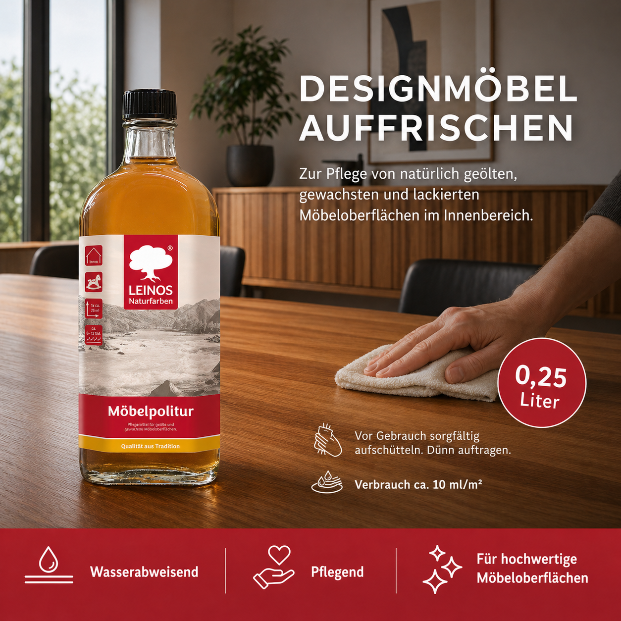 Pflegemittel für geölte und gewachste Möbeloberflächen 0,25l | Zur Pflege von natürlich geölten, gewachsten und lackierten Oberflächen im Innenbereich.