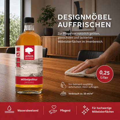 Pflegemittel für geölte und gewachste Möbeloberflächen 0,25l | Zur Pflege von natürlich geölten, gewachsten und lackierten Oberflächen im Innenbereich.