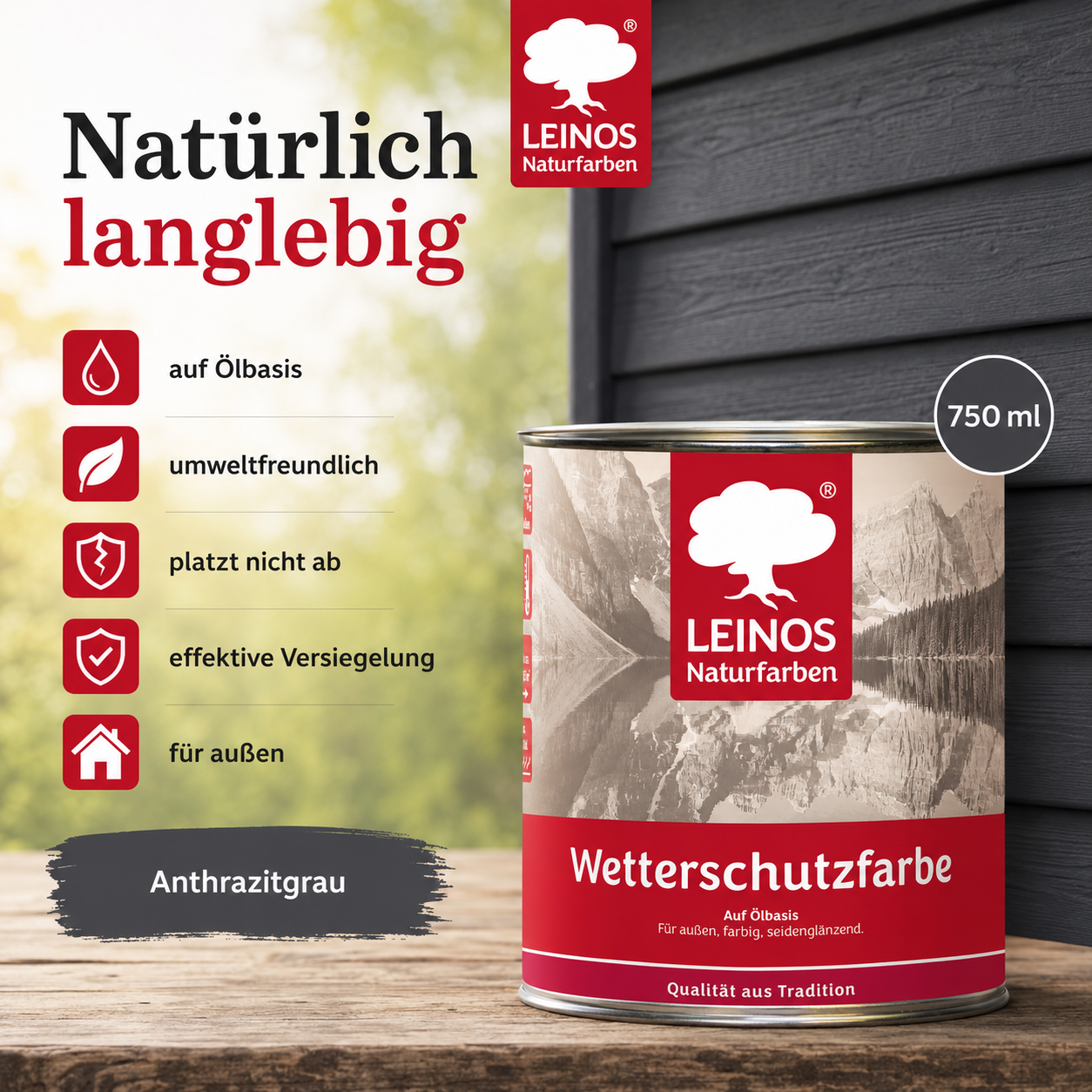 LEINOS Wetterschutzfarbe 750 ml | Anthrazitgrau Holzlasur für Holzfassaden Fenster Gartenhäuser| wetterbeständige Deckfarbe für effektive Versiegelung und langanhaltenden Schutz auf Ölbasis im Außenbereich