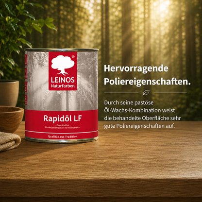 LEINOS Rapidöl LF 249, 2,5 l – lösemittelfreie Öl-Wachs-Kombination für Holz, schnelle Einmalbehandlung & Reparatur, pastös, sehr gut polierbar, für wenig beanspruchte Holzoberflächen