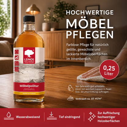 Pflegemittel für geölte und gewachste Möbeloberflächen 0,25l | Zur Pflege von natürlich geölten, gewachsten und lackierten Oberflächen im Innenbereich.