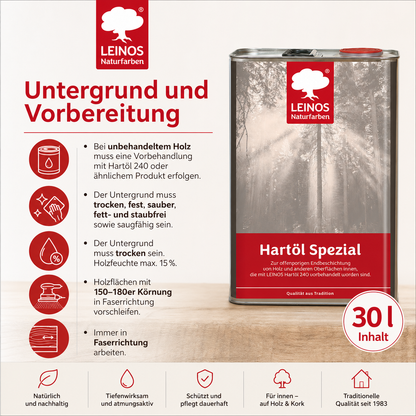 Leinos Spezial Hartöl 30 L | Farbloses Versiegelungsöl | Holzöl für effektive Endbeschichtung und langanhaltenden Schutz im Innenbereich