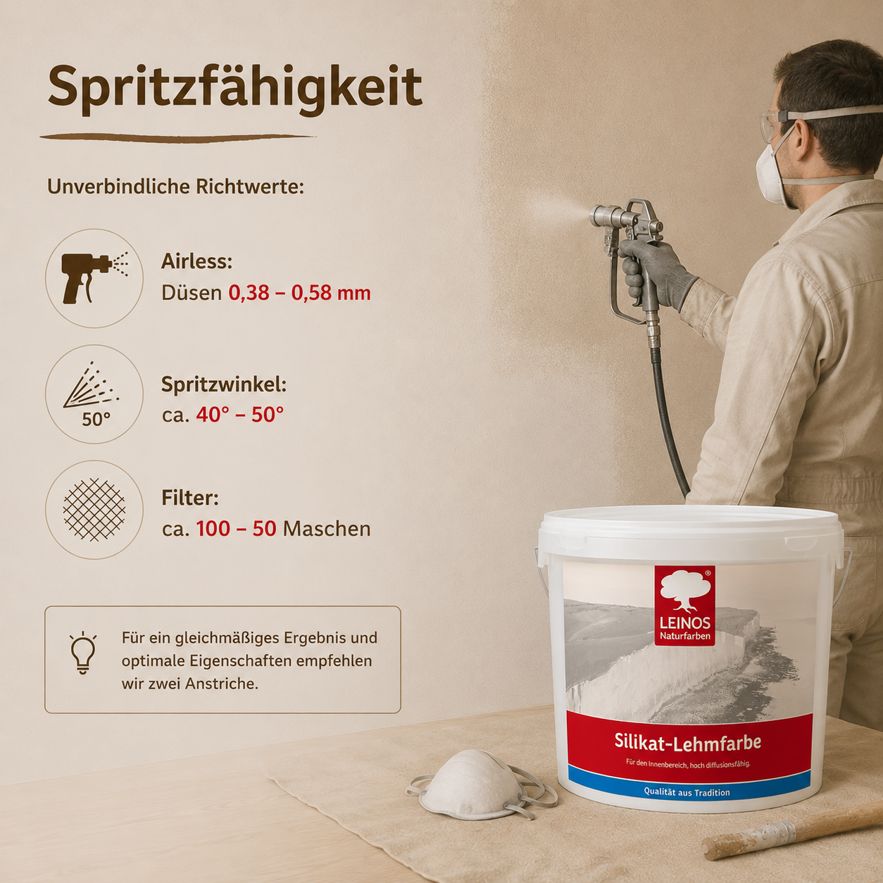 LEINOS Silikat-Lehmfarbe 689, naturweiß – Hochdeckende Wandfarbe für Innen, atmungsaktiv, lösemittelfrei, diffusionsoffen, geruchsarm, vegan, ideal für Lehmputz, Kalkputz, Putz – 10 L