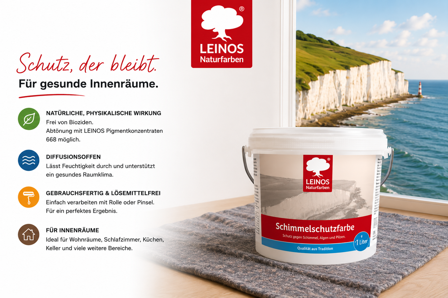 LEINOS 695 Schimmelschutzfarbe 1,0 l für Innenräume, gegen Schimmel, Algen und Pilze, biozidfrei, lösemittelfrei, diffusionsoffen, natürliche Wirkung, hohe Deckkraft, weiß, gebrauchsfertig Innenwände!