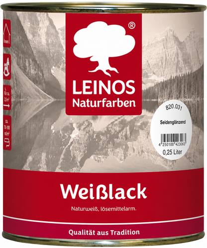 LEINOS 820 Weißlack Seidenglänzend | 0,25 L Innen & Außen | Wohngesunder Naturharz-Öl Lack, wasserfest & langlebig | ca. 2 m² Reichweite | Für kleine Flächen, Möbelstücke & Ausbesserungen