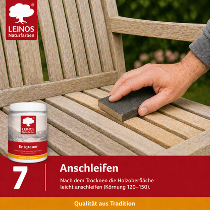 Leinos Entgrauer 0,5 Liter  für Holz-Gartenmöbel & Terrassenholz – Auftragen, einwirken lassen, abbürsten – effektive Reinigung & Auffrischung von Hart- und Weichholz