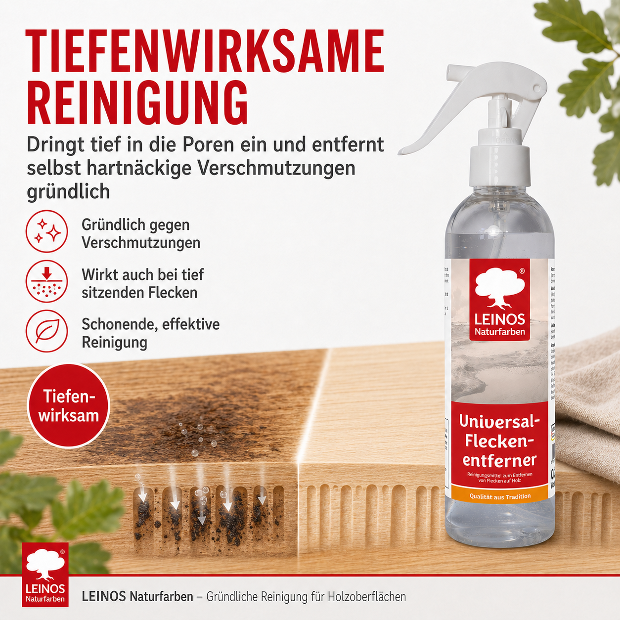 Universal Fleckenentferner 945 - 250 ml – lösemittelfreies Reinigungsmittel zur Entfernung von Kaffee-, Tee- & Rotweinflecken – für behandeltes & unbehandeltes Holz – wasserbasiert & biologisch abbaubar
