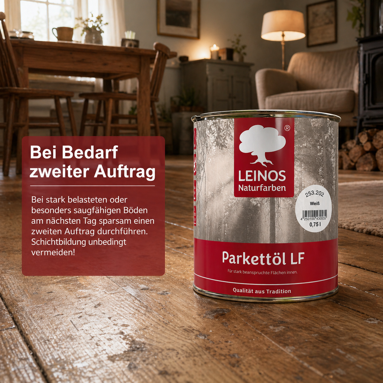 LEINOS Parkettöl LF 253 weiß 0,75 L – Natürlich pigmentiertes Holzöl für Parkett & Dielen, lösemittelfrei, offenporig, UV-stabil & strapazierfähig – ideal für helle Holzfußböden im Innenbereich