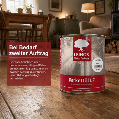 LEINOS Parkettöl LF 253 weiß 0,75 L – Natürlich pigmentiertes Holzöl für Parkett & Dielen, lösemittelfrei, offenporig, UV-stabil & strapazierfähig – ideal für helle Holzfußböden im Innenbereich