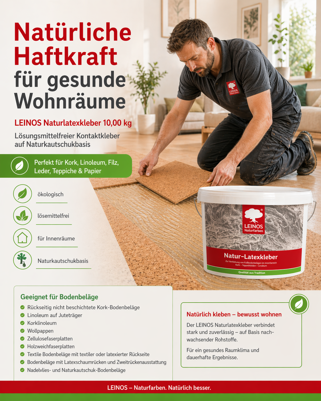 LEINOS Naturlatexkleber 3,00 kg – lösungsmittelfreier Kontaktkleber auf Naturkautschukbasis – für Teppiche, Kork, Leder, Filz, Linoleum & Papier – ideal für ökologische Anwendungen