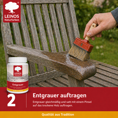 Leinos Entgrauer 2,5 Liter  für Holz-Gartenmöbel & Terrassenholz – Auftragen, einwirken lassen, abbürsten – effektive Reinigung & Auffrischung von Hart- und Weichholz