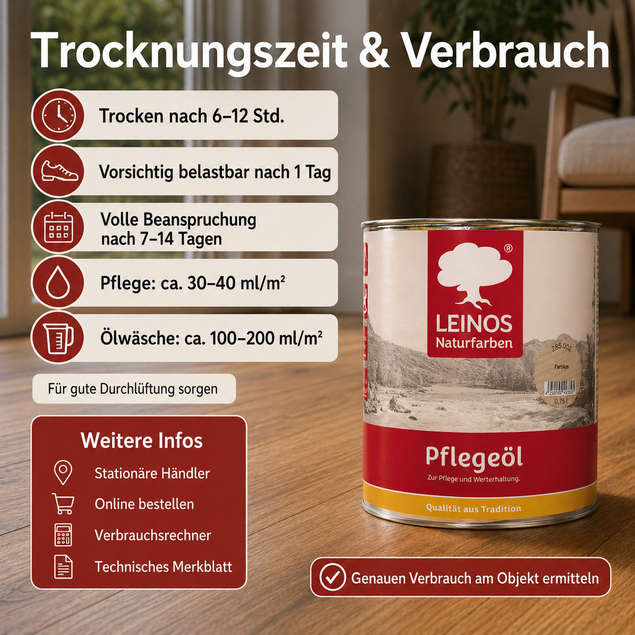 LEINOS 285 Pflegeöl 002 farblos  0,75 Liter | Zur Behandlung aller geölten und gewachsten Flächen wie Holz, Kork und Linoleum im Innenbereich |