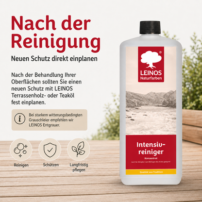 LEINOS Intensivreiniger 1Liter – kraftvoller Holzreiniger für innen & außen – entfernt Schmutz, Algen & Pilze – für Terrassen, Zäune, Stein & Holz – hochkonzentriert & ergiebig