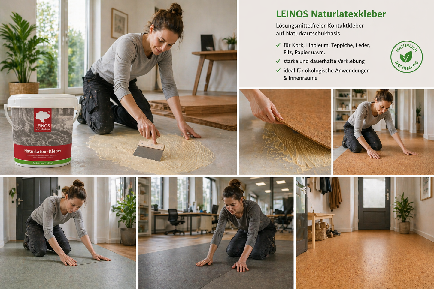 LEINOS Naturlatexkleber 1,00 kg – lösungsmittelfreier Kontaktkleber auf Naturkautschukbasis – für Teppiche, Kork, Leder, Filz, Linoleum & Papier – ideal für ökologische Anwendungen