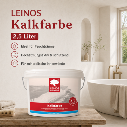 LEINOS Kalkfarbe 665 – Hochatmungsaktive Wandfarbe für Innen | Naturweiß, matt & mineralisch | Lösemittelfrei, schimmelvorbeugend, abtönbar | 2,5 L für ca. 16 m² | für mineralische Untergründe