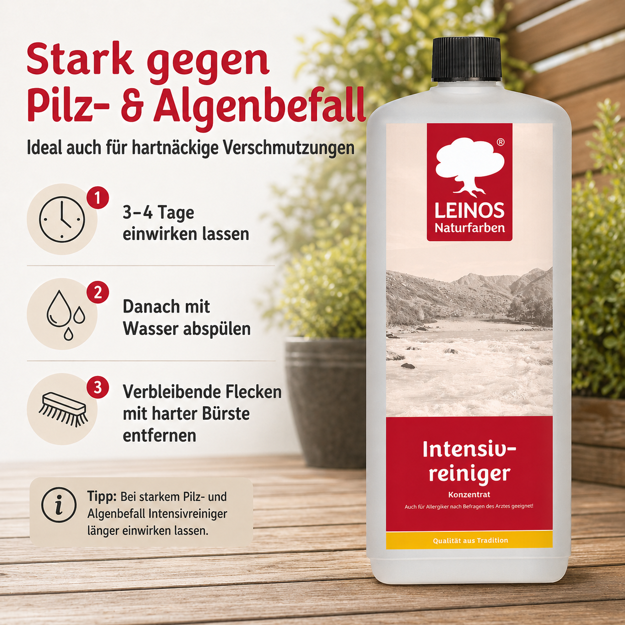 LEINOS Intensivreiniger 0,5 Liter – kraftvoller Holzreiniger für innen & außen – entfernt Schmutz, Algen & Pilze – für Terrassen, Zäune, Stein & Holz – hochkonzentriert & ergiebig