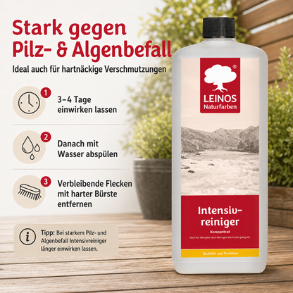 LEINOS Intensivreiniger 1Liter – kraftvoller Holzreiniger für innen & außen – entfernt Schmutz, Algen & Pilze – für Terrassen, Zäune, Stein & Holz – hochkonzentriert & ergiebig