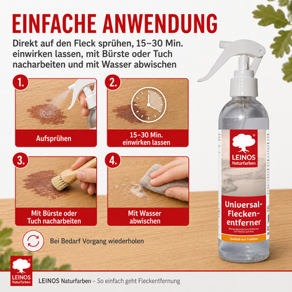 Universal Fleckenentferner 945 - 250 ml – lösemittelfreies Reinigungsmittel zur Entfernung von Kaffee-, Tee- & Rotweinflecken – für behandeltes & unbehandeltes Holz – wasserbasiert & biologisch abbaubar