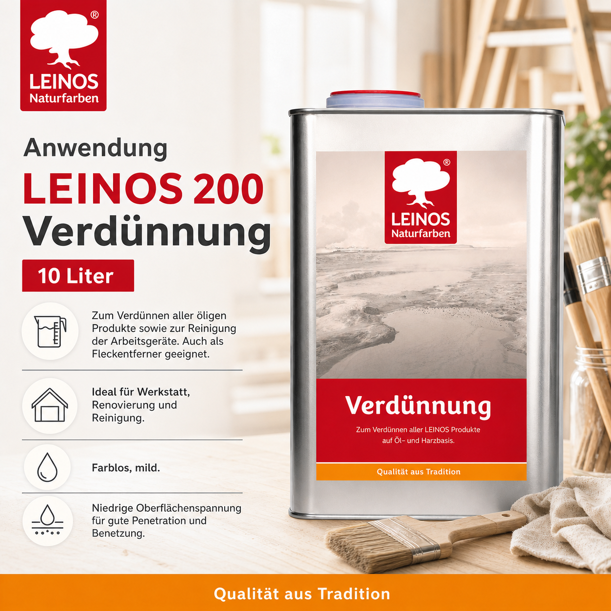 LEINOS 200 Verdünnung 10 Liter | Zum Verdünnen aller öligen Produkte sowie zur Reinigung der Arbeitsgeräte. Auch als Fleckentferner geeignet.