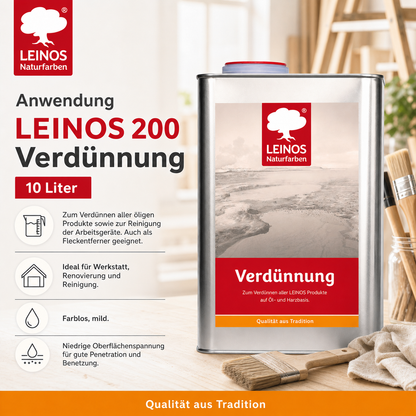 LEINOS 200 Verdünnung 10 Liter | Zum Verdünnen aller öligen Produkte sowie zur Reinigung der Arbeitsgeräte. Auch als Fleckentferner geeignet.