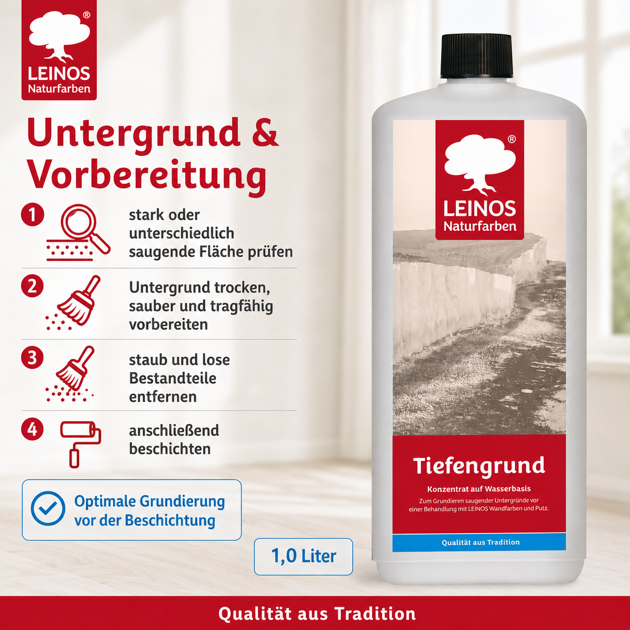 LEINOS Tiefengrund 620/ 1  Liter  – natürliche Grundierung für stark saugende Untergründe | Transparent, hoch dampfdurchlässig | Vorbereitung für Wandfarbe & Putz | 1L reicht für bis zu 25 m²