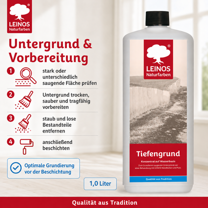 LEINOS Tiefengrund 620/ 1  Liter  – natürliche Grundierung für stark saugende Untergründe | Transparent, hoch dampfdurchlässig | Vorbereitung für Wandfarbe & Putz | 1L reicht für bis zu 25 m²