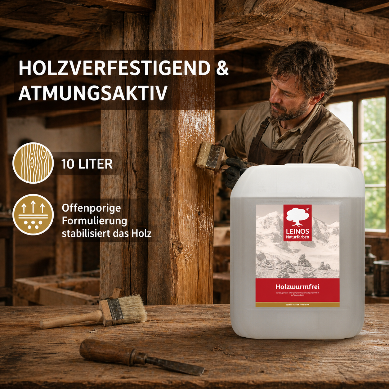 LEINOS Holzwurmfrei 130 - 10 Liter - Holzverfestigungsmittel gegen Insekten und Pilze, Schutz vor Holzwürmern