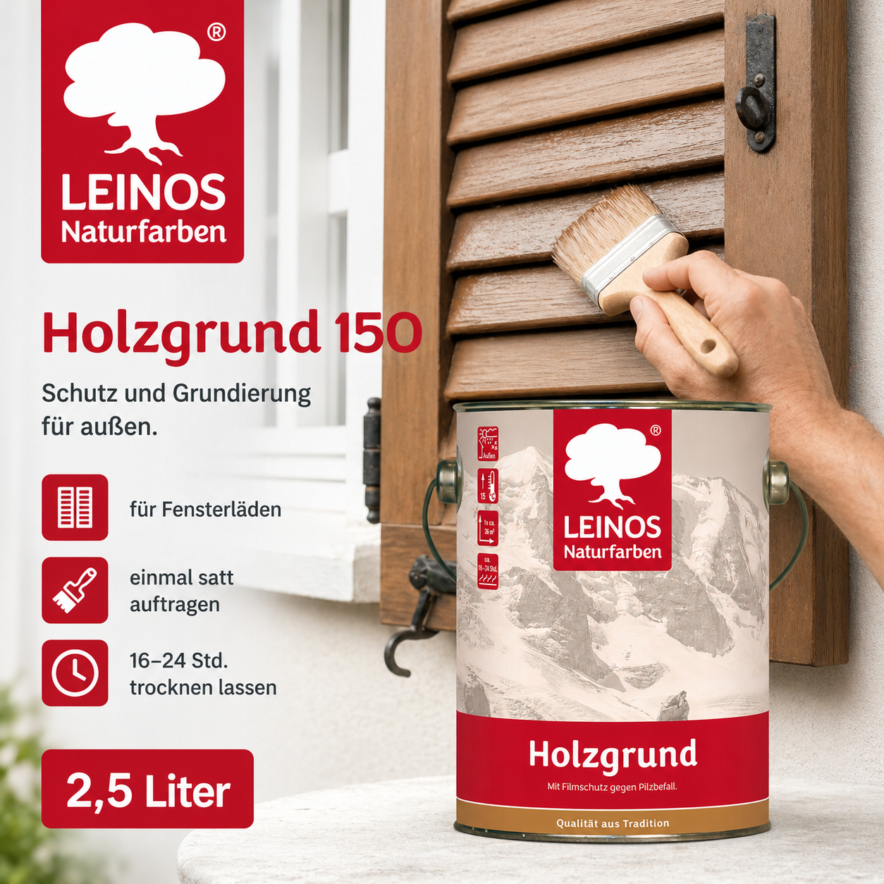 LEINOS 150 Holzgrund 2,5 l – offenporige Holzgrundierung für Lack- und Lasuranstriche außen, mit Filmschutz gegen Bläuebefall, tiefenwirksam, transparent-bräunlich, reicht bis ca. 60-80 m²