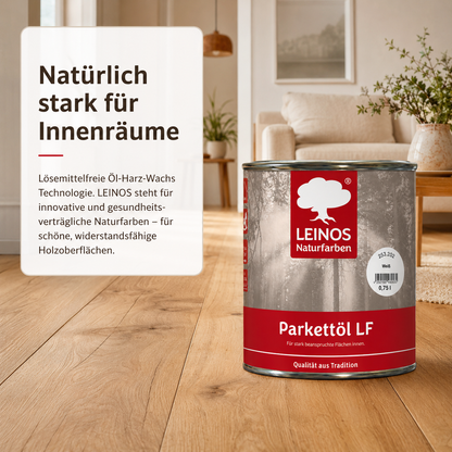 LEINOS Parkettöl LF 253 weiß 0,75 L – Natürlich pigmentiertes Holzöl für Parkett & Dielen, lösemittelfrei, offenporig, UV-stabil & strapazierfähig – ideal für helle Holzfußböden im Innenbereich