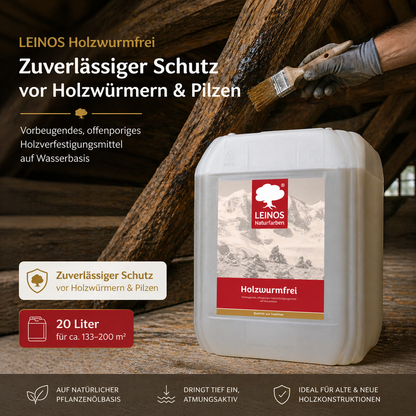 LEINOS Holzwurmfrei 130 | 20 Liter  Holzschutz gegen Insekten- & Pilzbefall | Für Innen, überdachten Außenbereich & Feuchträume | Holzverfestiger mit physikalisch-mechanischer Wirkung