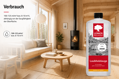 LEINOS 926 Laubholzlauge 1,00 l Farblos Veredelung von hellen Laubhölzern wie Ahorn, Esche, Buche, Eiche, usw. im Innenbereich