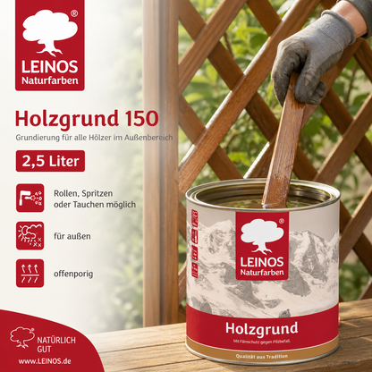 LEINOS 150 Holzgrund 2,5 l – offenporige Holzgrundierung für Lack- und Lasuranstriche außen, mit Filmschutz gegen Bläuebefall, tiefenwirksam, transparent-bräunlich, reicht bis ca. 60-80 m²
