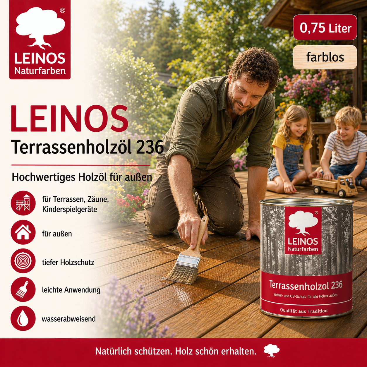 LEINOS Terrassenholzöl 236 | 0,75 Liter | Hochwertiges Holzöl für außen | Für Terrassen, Zäune, Kinderspielgeräte | Farbton: farblos | Tiefer Holzschutz & leichte Anwendung