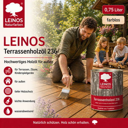 LEINOS Terrassenholzöl 236 | 0,75 Liter | Hochwertiges Holzöl für außen | Für Terrassen, Zäune, Kinderspielgeräte | Farbton: farblos | Tiefer Holzschutz & leichte Anwendung