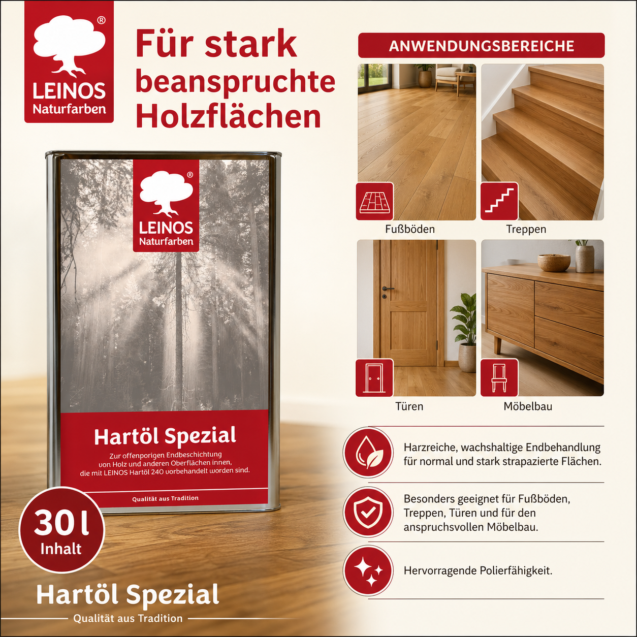 Leinos Spezial Hartöl 30 L | Farbloses Versiegelungsöl | Holzöl für effektive Endbeschichtung und langanhaltenden Schutz im Innenbereich