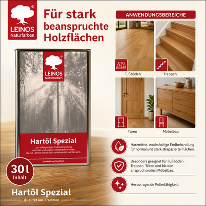 Leinos Spezial Hartöl 30 L | Farbloses Versiegelungsöl | Holzöl für effektive Endbeschichtung und langanhaltenden Schutz im Innenbereich